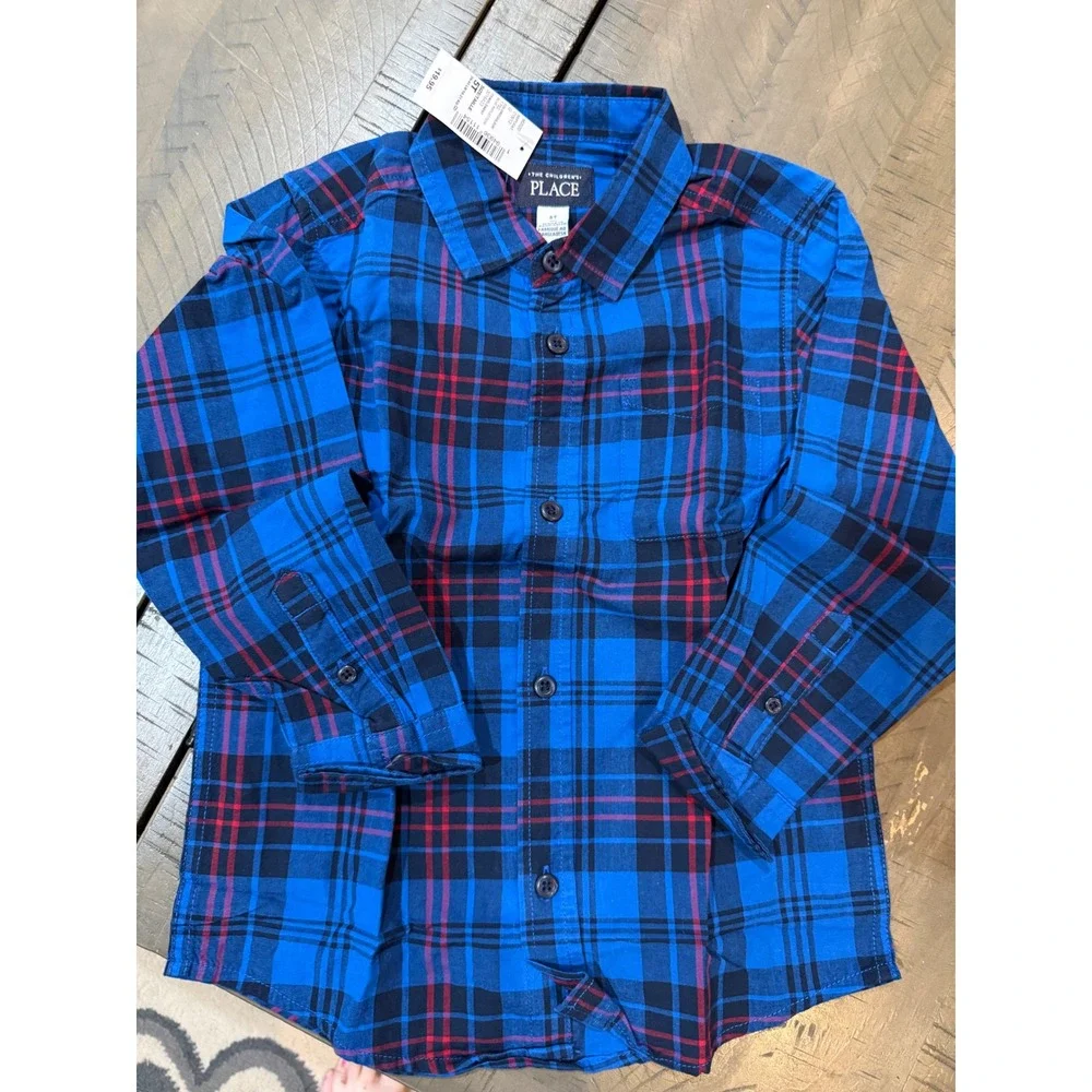 The Childrens Place Boys Blue‎ Plaid Button Down Shirt Long Sleeve 5T New NWT